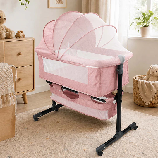Cuna Colecho Compacta, Plegable, mecedora con Mosquitero Canasto Organizador y Ruedas Kidscool 90 x 50 X 80 cm Rosado