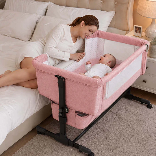 Cuna Colecho Compacta, Plegable, mecedora con Mosquitero Canasto Organizador y Ruedas Kidscool 90 x 50 X 80 cm Rosado