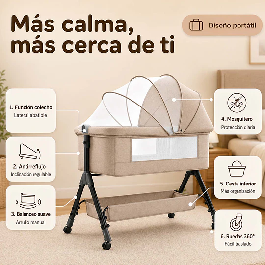 Cuna Colecho Plegable Antirreflujo y Balanceo Kidscool 102 x 65 x 81 cm Khaki