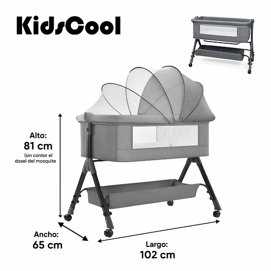 Cuna Colecho Compacta, Plegable, mecedora con Mosquitero Canasto Organizador y Ruedas Kidscool 90 x 50 X 80 cm Gris