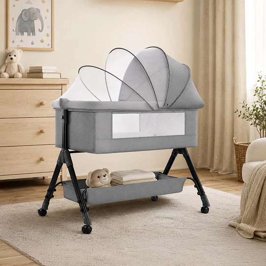 Cuna Colecho Compacta, Plegable, mecedora con Mosquitero Canasto Organizador y Ruedas Kidscool 90 x 50 X 80 cm Gris