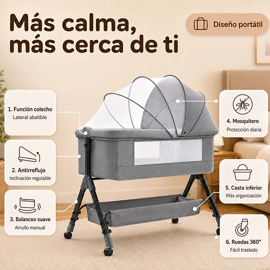 Cuna Colecho Compacta, Plegable, mecedora con Mosquitero Canasto Organizador y Ruedas Kidscool 90 x 50 X 80 cm Gris