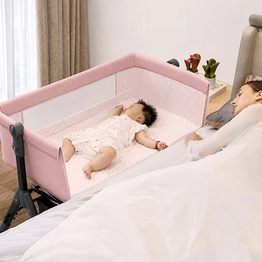 Cuna Colecho Compacta, Plegable, mecedora con Mosquitero Canasto Organizador y Ruedas Kidscool 90 x 50 X 80 cm Rosado