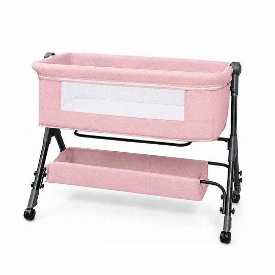 Cuna Colecho Compacta, Plegable, mecedora con Mosquitero Canasto Organizador y Ruedas Kidscool 90 x 50 X 80 cm Rosado
