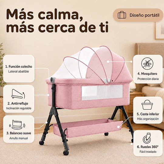Cuna Colecho Compacta, Plegable, mecedora con Mosquitero Canasto Organizador y Ruedas Kidscool 90 x 50 X 80 cm Rosado