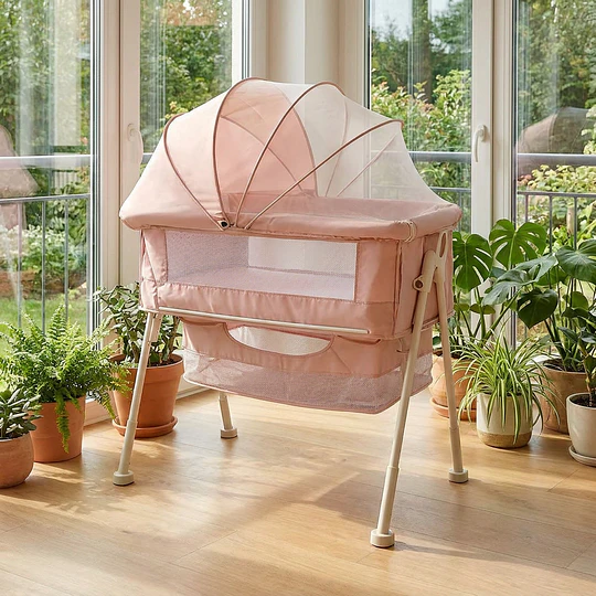 Cuna Colecho Multifuncional Plegable estructura reforzada Kidscool con Mosquitero y Canasto 93 x 57 x 80 cm Rosado