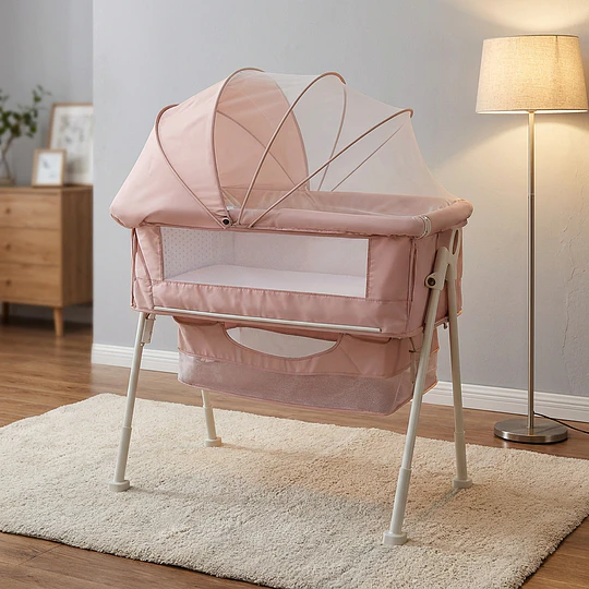 Cuna Colecho Multifuncional Plegable estructura reforzada Kidscool con Mosquitero y Canasto 93 x 57 x 80 cm Rosado