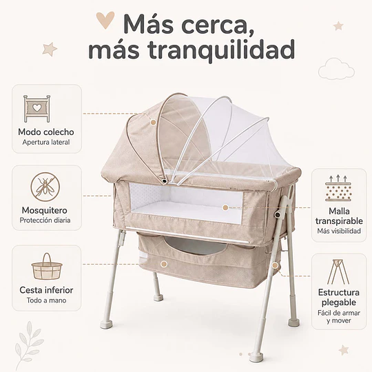 Cuna Colecho Multifuncional Plegable estructura reforzada Kidscool con Mosquitero y Canasto 93 x 57 x 80 cm Khaki