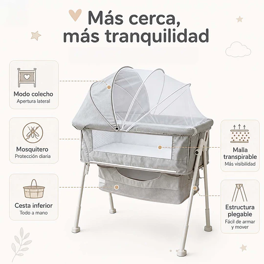 Retiro Express-Cuna Colecho Multifuncional Plegable estructura reforzada Kidscool con Mosquitero y Canasto 93 x 57 x 80 cm Gris