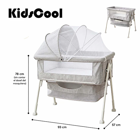 Retiro Express-Cuna Colecho Multifuncional Plegable estructura reforzada Kidscool con Mosquitero y Canasto 93 x 57 x 80 cm Gris