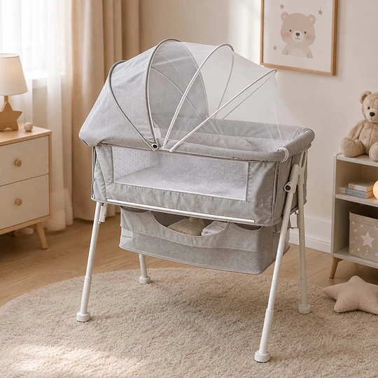 Retiro Express-Cuna Colecho Multifuncional Plegable estructura reforzada Kidscool con Mosquitero y Canasto 93 x 57 x 80 cm Gris
