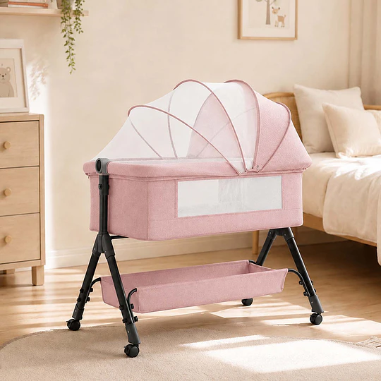 Retiro Express-Cuna Colecho Compacta, Plegable, mecedora con Mosquitero Canasto Organizador y Ruedas Kidscool 90 x 50 X 80 cm Rosado