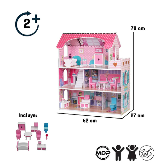 Retiro Express-Casa De Muñeca Madera 3 Pisos Con Accesorios