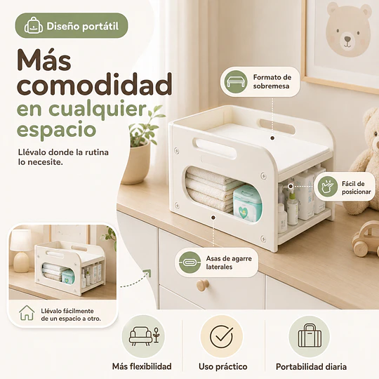 Retiro Express-Mudador de Sobremesa Compacto con Estante Organizador Plástico Blanco Marfil 75x51x46 cm 