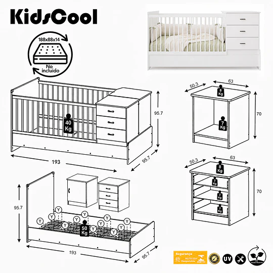 Cuna Cama Evolutiva Multifunción Kippi Blanca Kidscool  