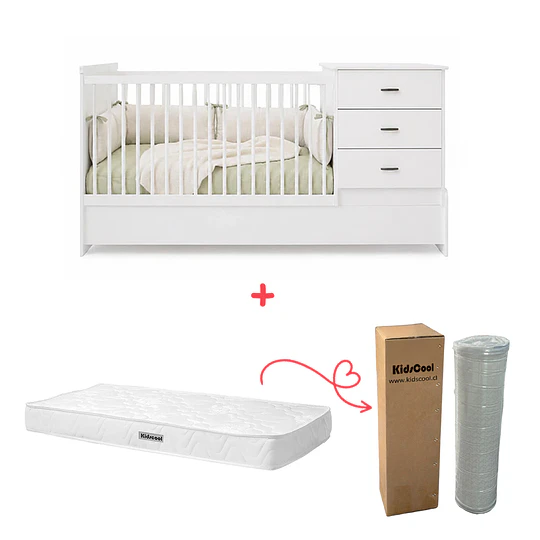 Cuna Cama Evolutiva Multifunción Kippi Blanca + Colchón 188 x 88 x 14 cms