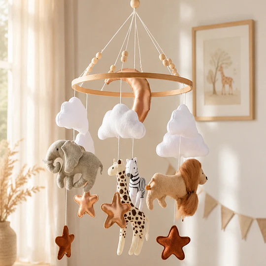 Retiro Express-Móvil de Cuna para Bebé Fieltro y Madera Kidscool Safari 52 x 24 cm 