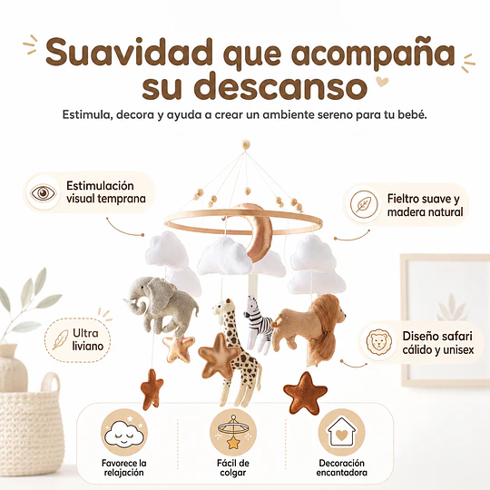 Retiro Express-Móvil de Cuna para Bebé Fieltro y Madera Kidscool Safari 52 x 24 cm 