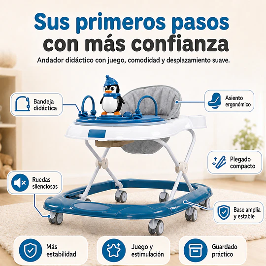 Retiro Express- Andador Para Bebé Kidscool Pingüino Ruedas Silenciosas Azul 65 X 55 X 50 cm