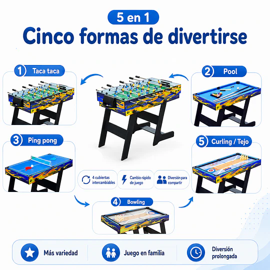 Retiro Express-Mesa Plegable 5 Juegos Kidscool Taca Taca Pool Ping Pong- 