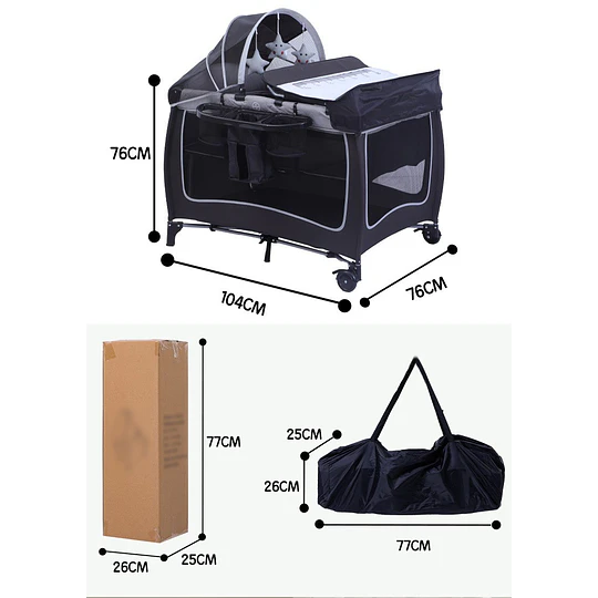 Cuna Corral Plegable de Viaje Kidscool  con Mudador Organizador y Móvil 104 x 76 x 76 cm Gris