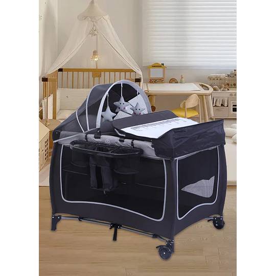 Cuna Corral Plegable de Viaje Kidscool  con Mudador Organizador y Móvil 104 x 76 x 76 cm Gris