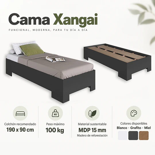 Cama 1 Plaza Grafito Be Design Xangai 90x190 cm - Cama Juvenil Baja MDP