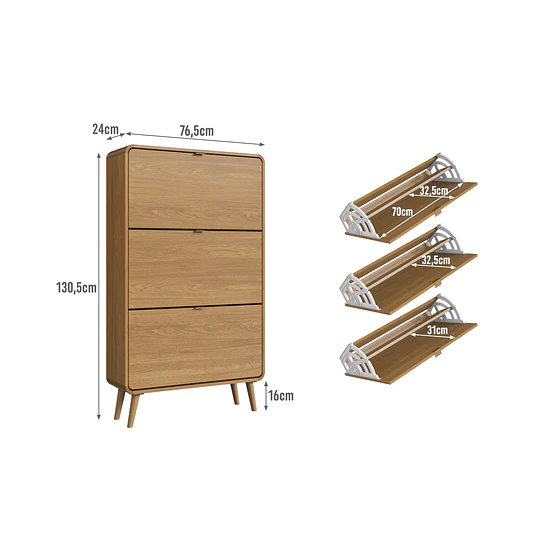 Zapatero 3 Puertas Abatibles Roble Be Design 130x76x24 cm - Mueble Organizador de Zapatos