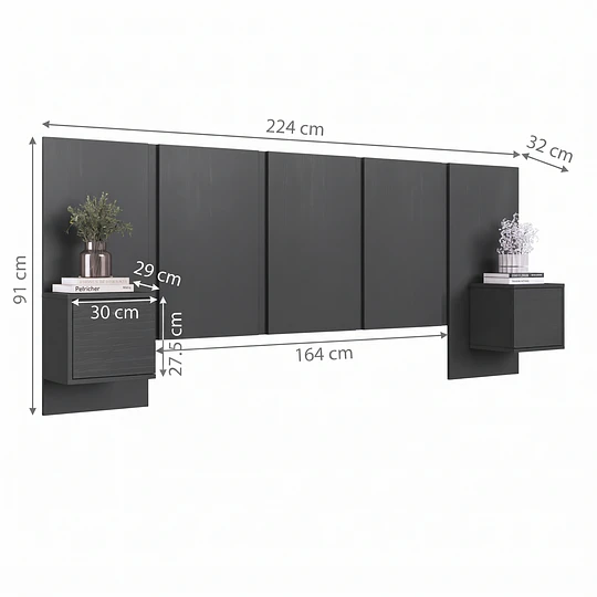 Respaldo de Cama 2 Plazas con Veladores Grafito Be Design - 224 cm