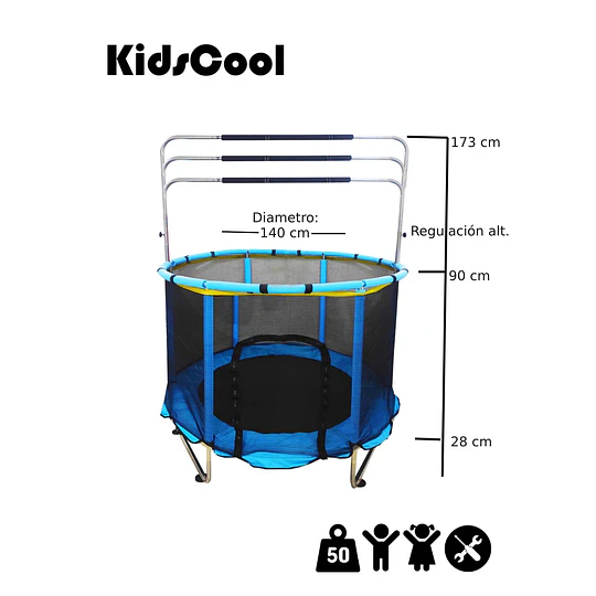 Retiro Express- Cama Elástica Infantil 4,5 Pies (1,40m) Kidscool Azul con Barra Regulable y Accesorios