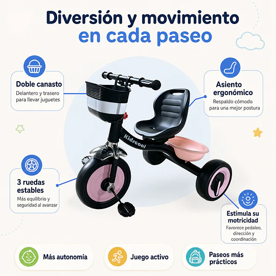 Triciclo Infantil a Pedales Rosa con Canastillo