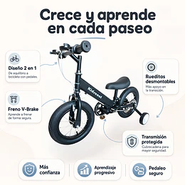 Bicicleta Infantil 2 en 1 Aro12 Negro Balance Pedales Rueditas-Preventa 20 de Octubre