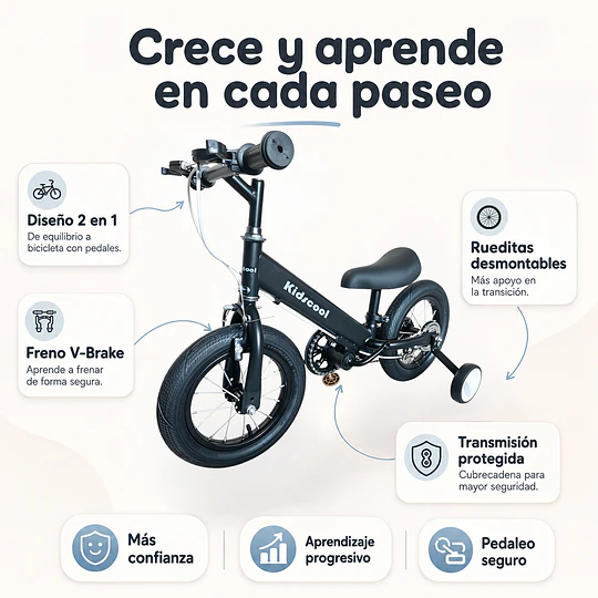 Bicicleta Infantil 2 en 1 Aro12 Negro Balance Pedales Rueditas
