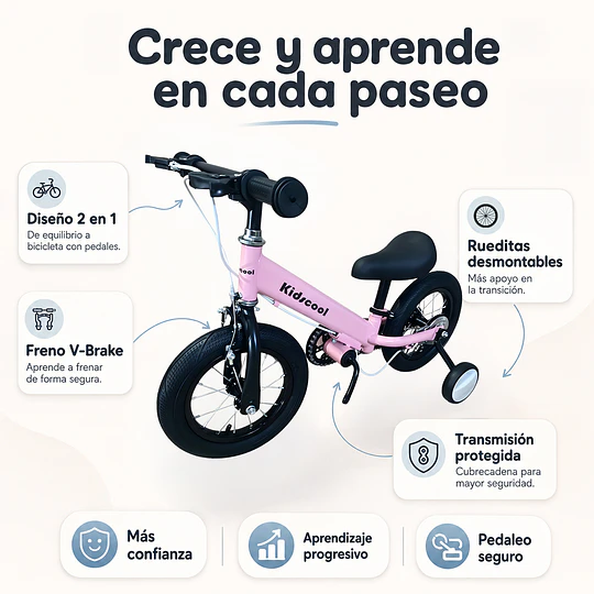 Bicicleta Infantil 2 en 1 Aro 12 Rosado Balance Pedales Rueditas