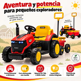 Tractor a Batería Infantil 12V Rojo con Carro y Control -Preventa 20 de Octubre