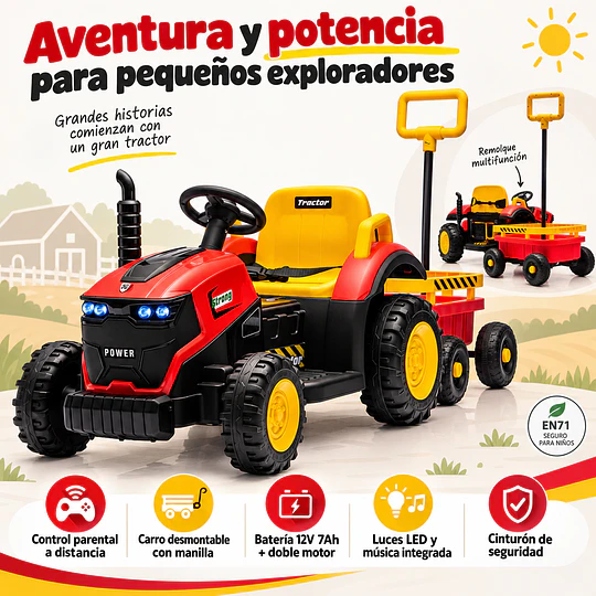 Tractor a Batería Infantil 12V Rojo con Carro y Control