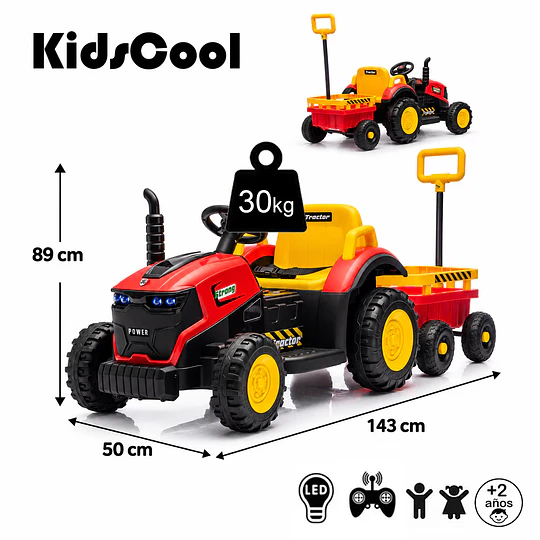 Tractor a Batería Infantil 12V Rojo con Carro y Control