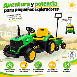 Tractor a Batería Infantil 12V Verde con Carro y Control- Preventa 20 de Octubre