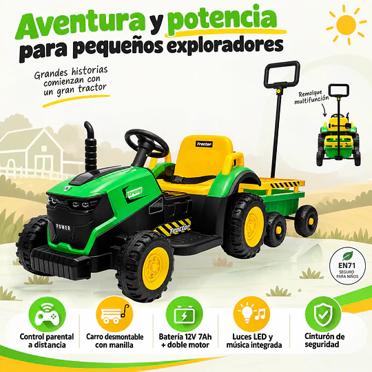 Tractor a Batería Infantil 12V Verde con Carro y Control