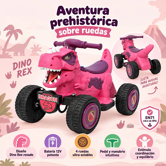 Cuatrimoto Eléctrica Infantil 12V Dino Rex Rosada 