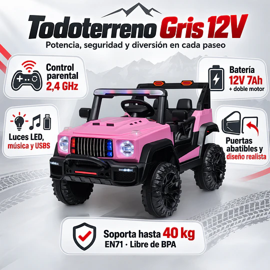 Auto a Batería Infantil Todoterreno Rosado 12V Control Remoto