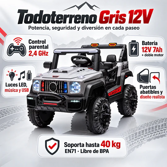 Auto a Batería Infantil Todoterreno Gris 12V Control Remoto