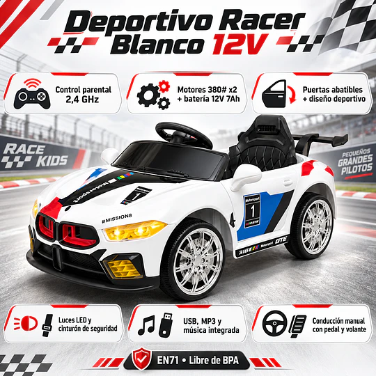 Auto Eléctrico Infantil Deportivo Racer 12V Blanco Kidscool