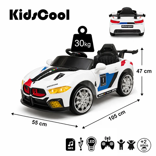 Auto Eléctrico Infantil Deportivo Racer 12V Blanco Kidscool