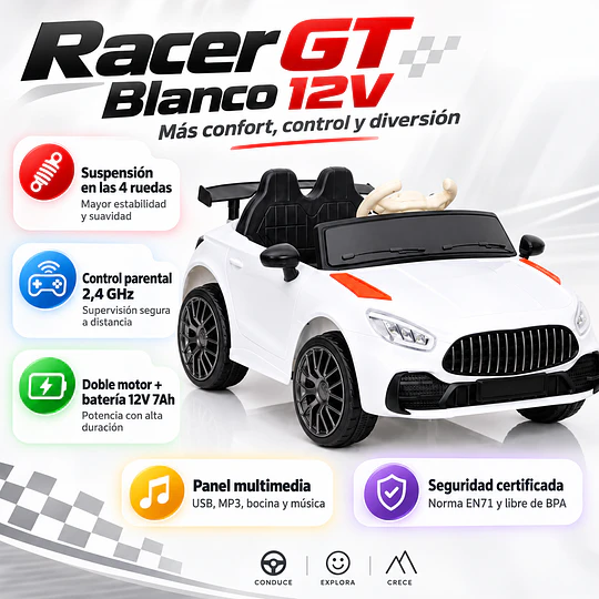 Auto Eléctrico Infantil Deportivo Racer GT 12V Blanco Kidscool
