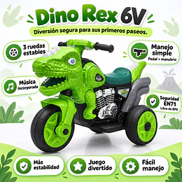 Moto Eléctrica Infantil 3 Ruedas Dino Rex Verde 6V -Preventa 20 de Octubre