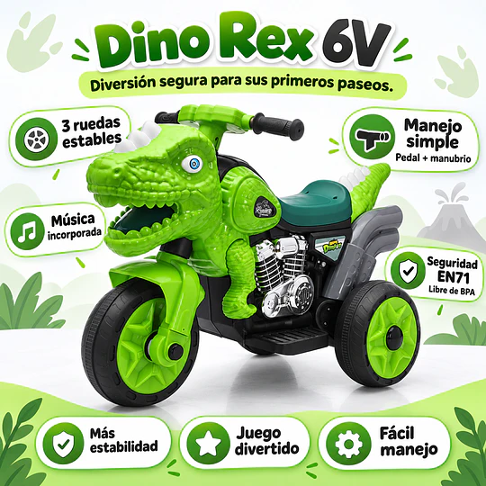 Moto Eléctrica Infantil 3 Ruedas Dino Rex Verde 6V 