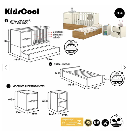 Cuna Multifunción con Cama Nido Formare Blanca Eco Wood Kidscool - Preventa 30 de Noviembre