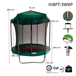 Cama Elástica Infantil 8 Pies (2,44m) Kidscool Verde con Techo Protector y Sistema T-Bar- BOMBITA