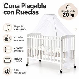 Cuna Plegable Con Ruedas Blanca Madera Maciza Kidscool Con Colchón Y Mosquitero -Preventa 04 de Noviembre